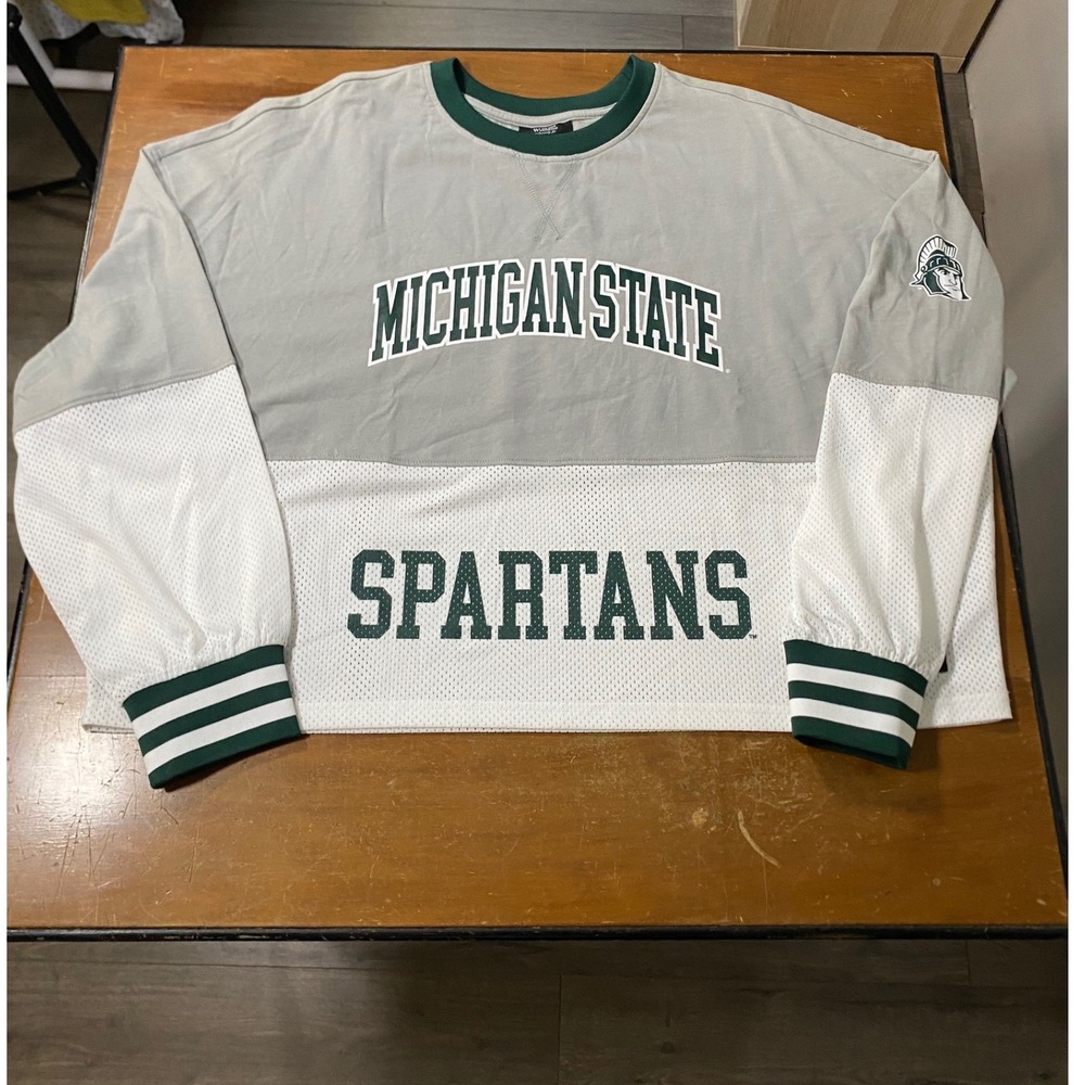 NWT The Wild Collective Michigan State Spartans Women XL Grey Mesh Crew Fleece